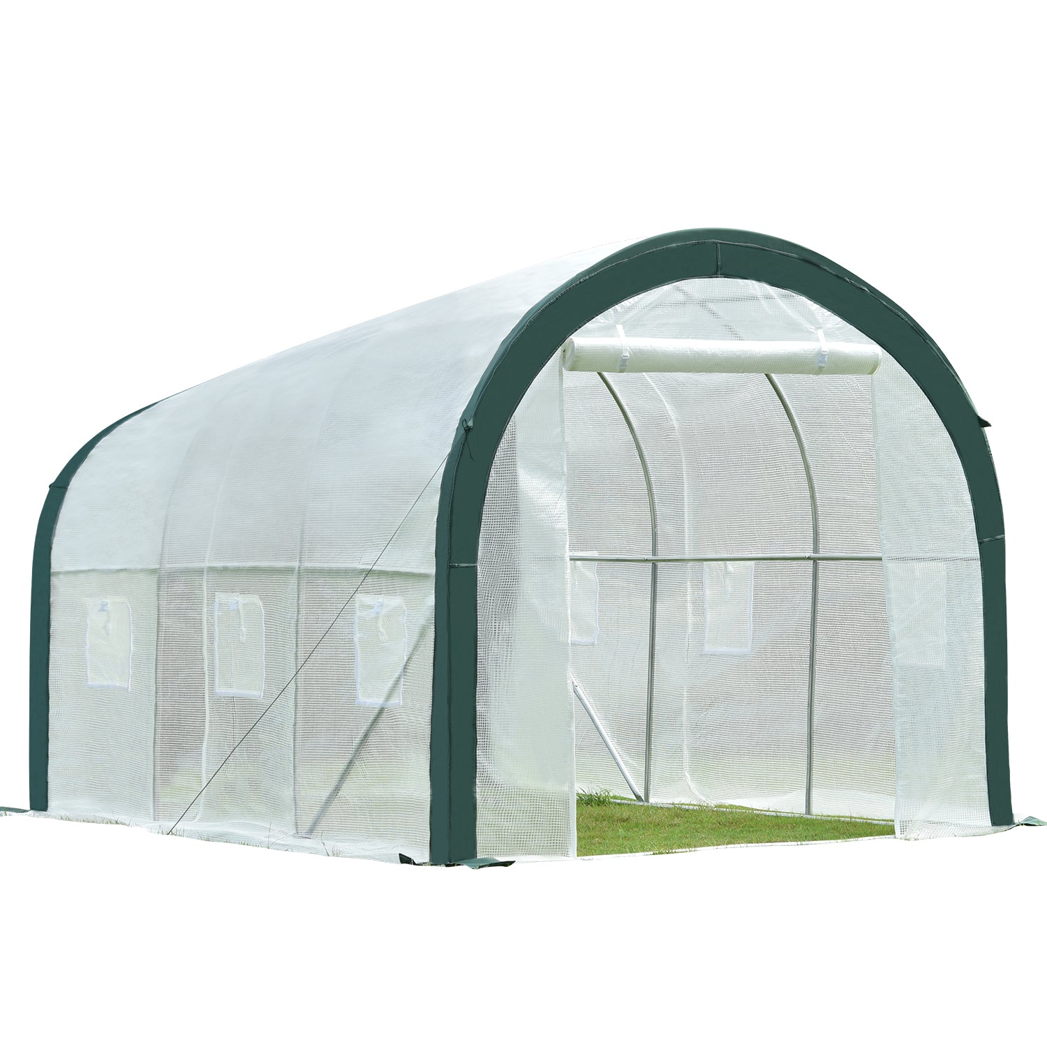 12 ft. x 7 ft. x 7 ft. Walk-in Tunnel Greenhouse Patio Greenhouse Heavy Duty Frame with 2 Roll Zipper Door 6 Roll-up Side Windows - Green/White - Aoodor